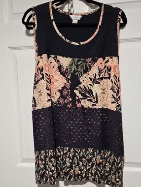 CJ Banks Navy Floral Patchwork Sleeveless Tank with Pink and Cream Accents